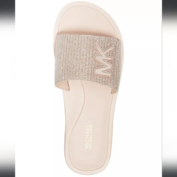 Michael Kors MK Logo Rhinestone Pool Slide Sandals White Gold - Picture 3 of 6